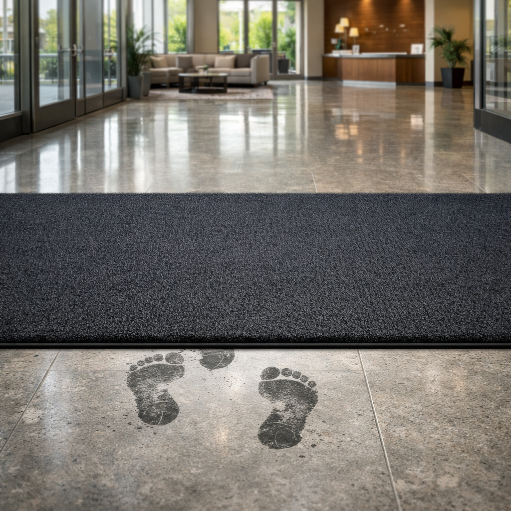 Dirty footprints on a commercial lobby floor approaching an entrance mat, with a clean polished interior visible beyond.